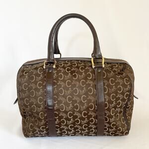 CELINE Tabou Vintage Macadam Brown Canvas Leather Bowling Bag Women